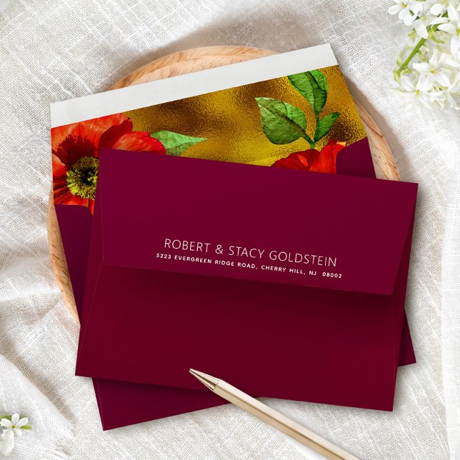 Burgundy Gold Bat Mitzvah Floral Watercolor Modern Envelope (Creator Uploaded)