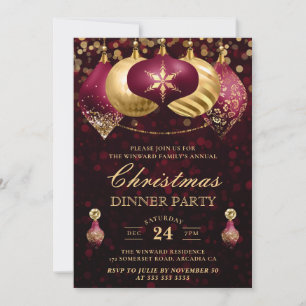 Burgundy & Gold Baubles Christmas Dinner Party Invitation
