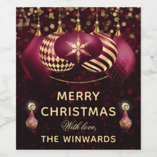 Burgundy & Gold Baubles Merry Christmas Wine Label