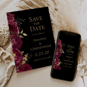 Burgundy Gold Black Floral Save the Date Announcement