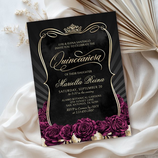 Burgundy Gold Black Quinceañera Invitation (Creator Uploaded)