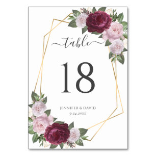 Burgundy Gold Blush Floral Wedding Table Number