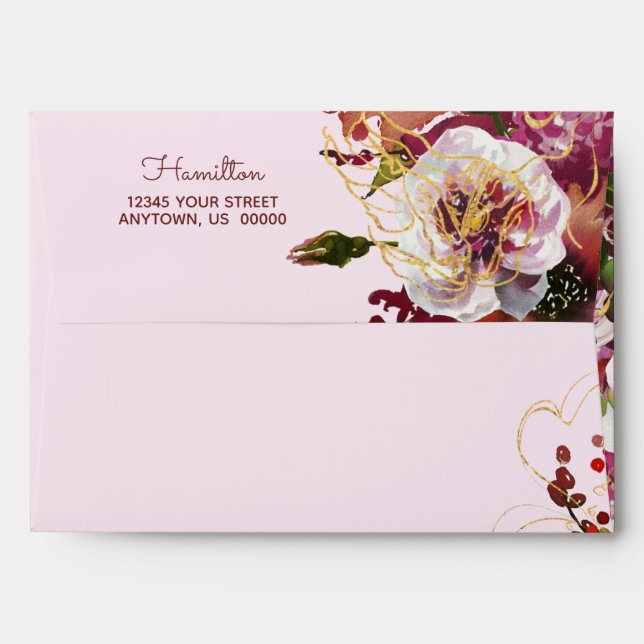 Burgundy Gold Blush Pink Floral Return Address Envelope (Back (Top Flap))