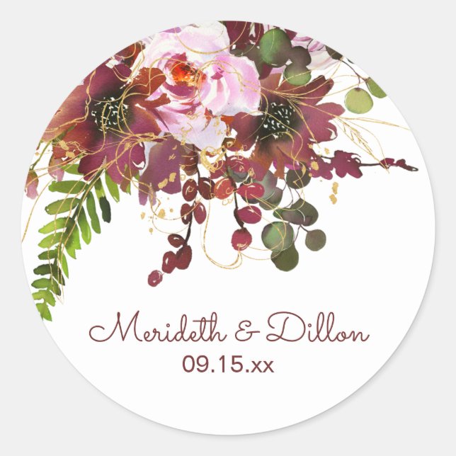 Burgundy Gold Blush Pink Floral Save The Date Classic Round Sticker (Front)