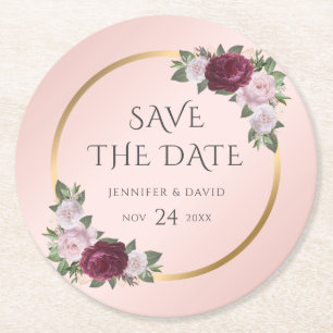 Burgundy Gold Blush Wedding Save The Date Round Paper Coaster