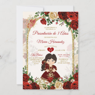 Burgundy Gold Boho Spanish Girl Tres Años Floral Invitation