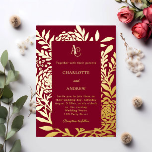 Burgundy gold botanical monogram luxury wedding