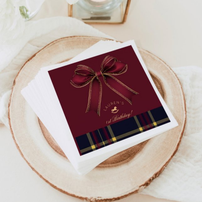 Burgundy Gold Bow Rocking Horse Luxury Birthday Napkin (Creator Uploaded)