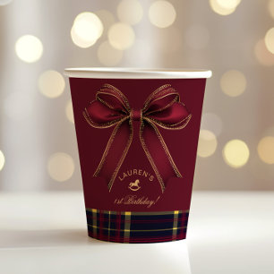 Burgundy Gold Bow Rocking Horse Luxury Birthday Paper Cups