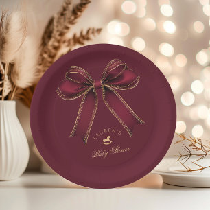 Burgundy Gold Bow Rocking Horse Luxury Paper Plate
