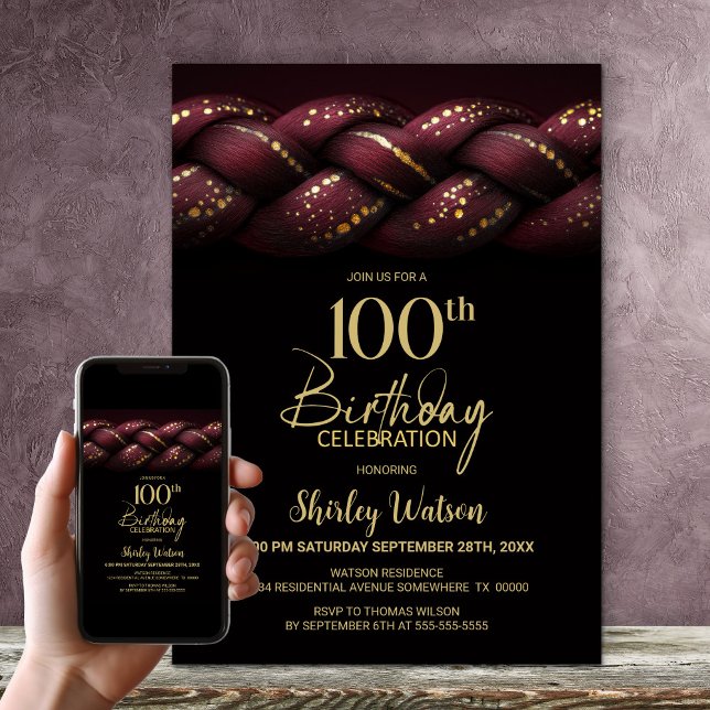 Burgundy Gold Braid 100th Birthday Party Invitation (Creator Uploaded)