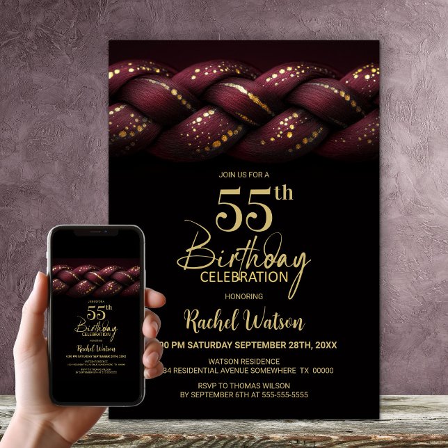 Burgundy Gold Braid 55th Birthday Party Invitation (Creator Uploaded)