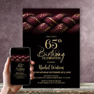 Burgundy Gold Braid 65th Birthday Party Invitation