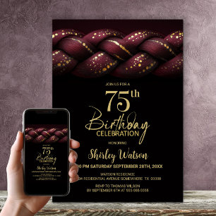 Burgundy Gold Braid 75th Birthday Party Invitation
