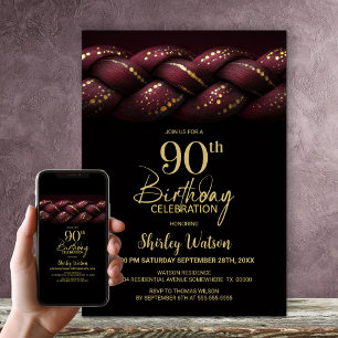 Burgundy Gold Braid 90th Birthday Party Invitation
