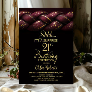 Burgundy Gold Braid Surprise 21st Birthday Party Invitation