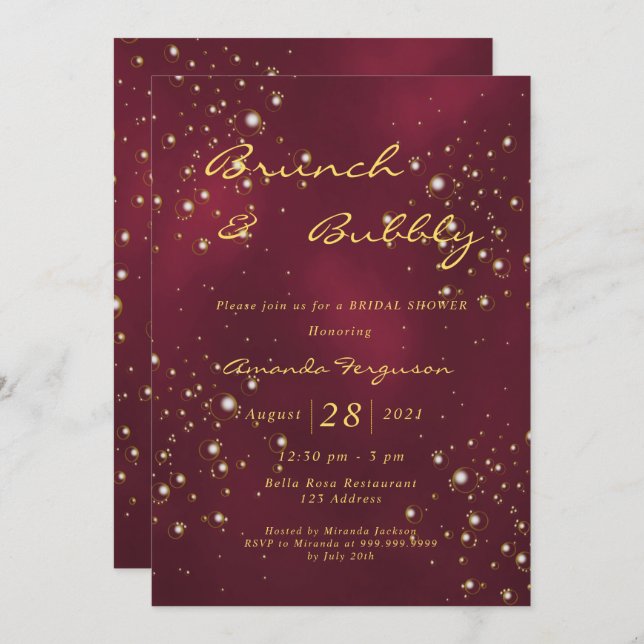 Burgundy gold brunch bubbly bridal shower invitation (Front/Back)