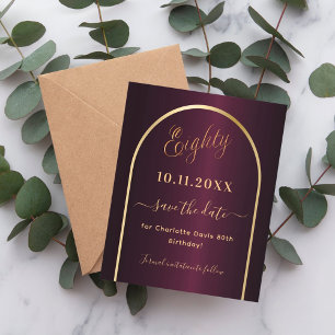Burgundy gold budget 80th birthday save the date flyer