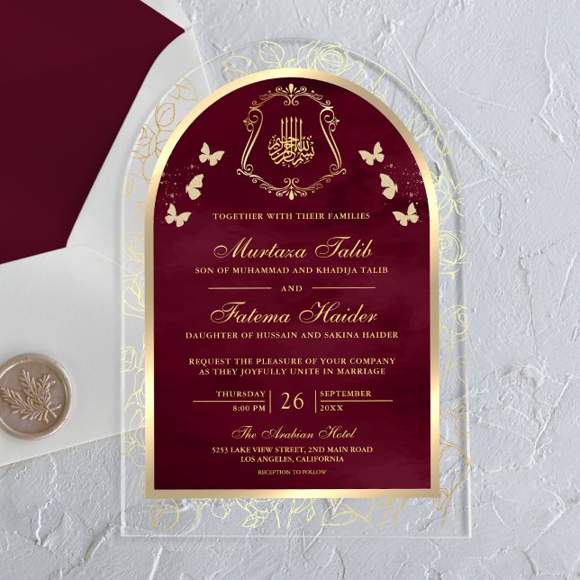 Burgundy Gold Butterfly Arch Muslim Wedding Acrylic Invitations (Creator Uploaded)