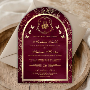 Burgundy Gold Butterfly Arch Muslim Wedding Invitation