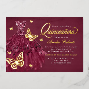 Burgundy Gold Butterfly Dress Quinceanera