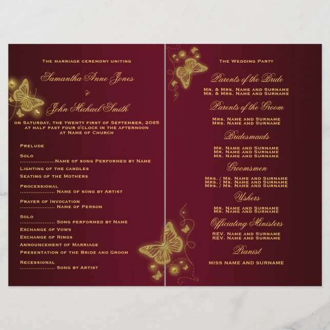 Burgundy gold butterfly wedding program (Front)