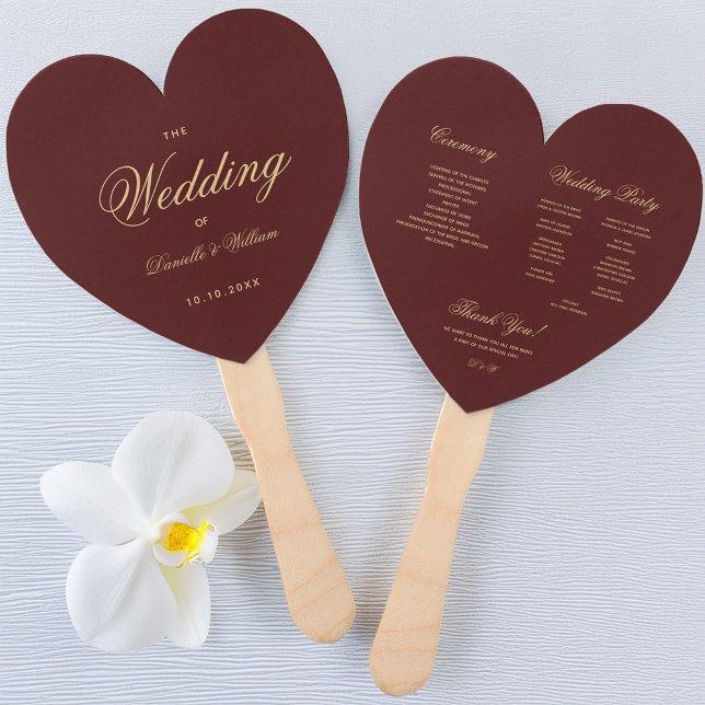 Burgundy Gold Calligraphy Heart Wedding Program Hand Fan (Creator Uploaded)