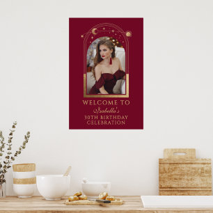 Burgundy Gold Celestial 30th Birthday Welcome Poster