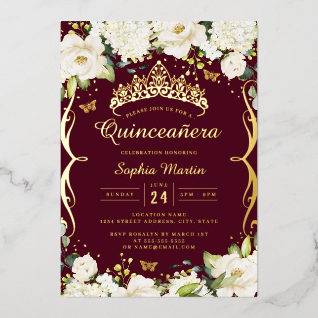 Burgundy Gold Champagne Floral Scroll Quinceanera  (Front)
