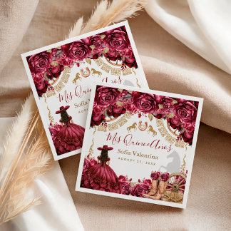 Burgundy Gold Charra Quinceanera Horseshoe Napkin