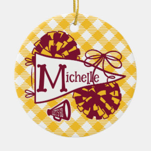 Burgundy Gold Cheer Pennant Gingham Personalised Ceramic Ornament