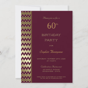 Burgundy Gold Chevron Striped 60th Birthday Party Invitation
