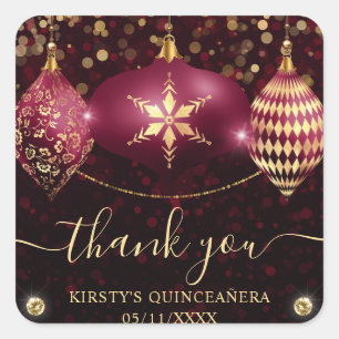 Burgundy Gold Christmas Baubles Quinceanera Square Sticker