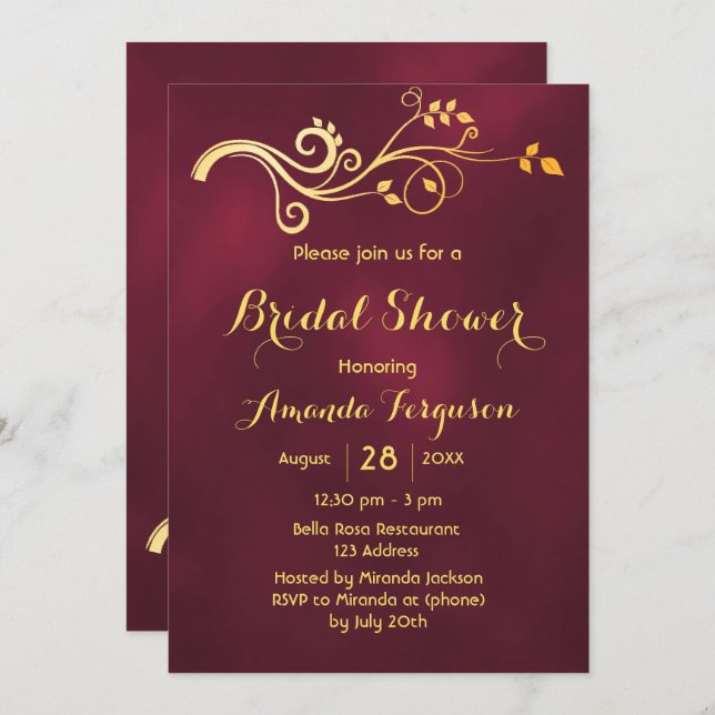Burgundy gold classic bridal shower invitation (Front/Back)
