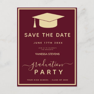 Burgundy Gold Classic Graduation Save the Date Postcard