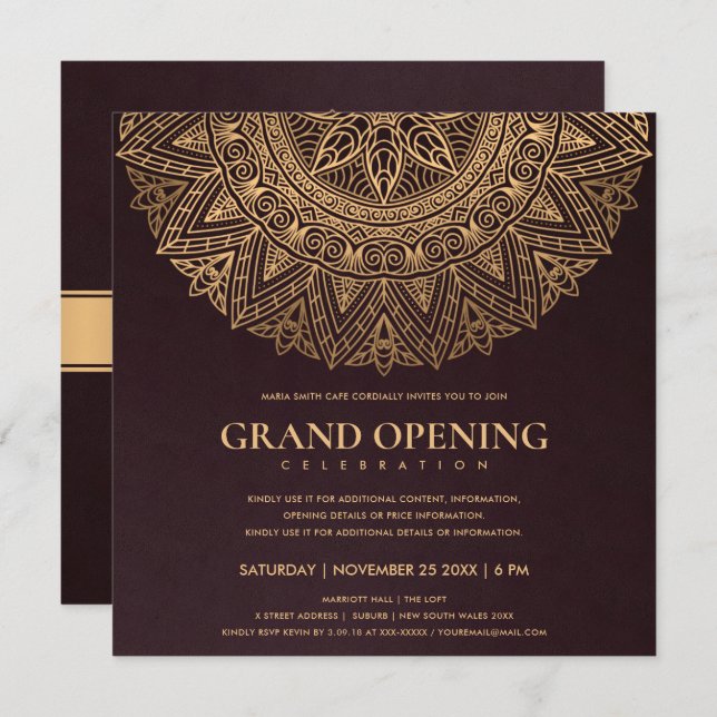 BURGUNDY GOLD CLASSIC ORNATE MANDALA GRAND OPENING INVITATION (Front/Back)