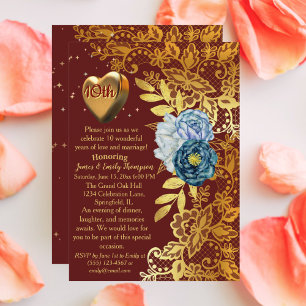 Burgundy & Gold Classy 10th Wedding Anniversary  Invitation
