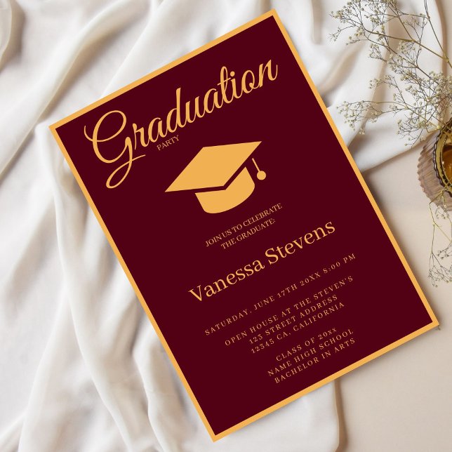 Burgundy Gold College Graduation Cap Party  Invitation (Creator Uploaded)