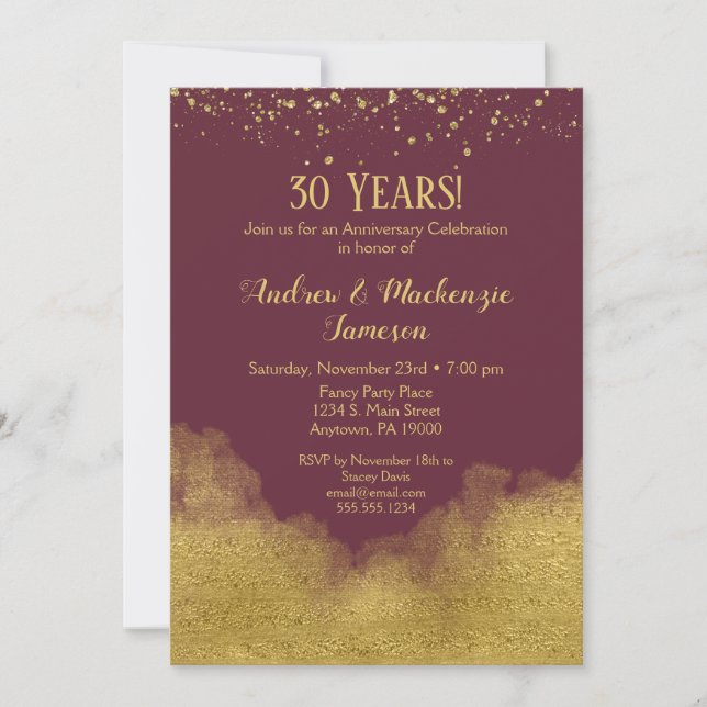 Burgundy Gold Confetti Anniversary Invitation (Front)