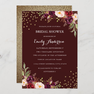 Burgundy Gold Confetti Floral Fall Bridal Shower Invitation