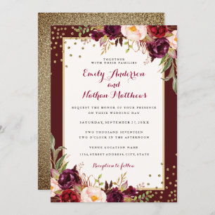 Burgundy Gold Confetti Floral Wedding Invitation