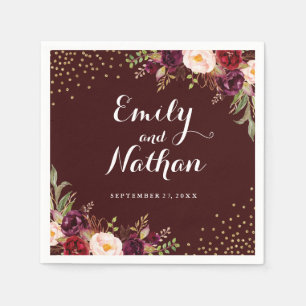 Burgundy Gold Confetti Floral Wedding Napkin