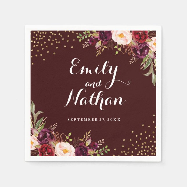 Burgundy Gold Confetti Floral Wedding Napkin (Front)