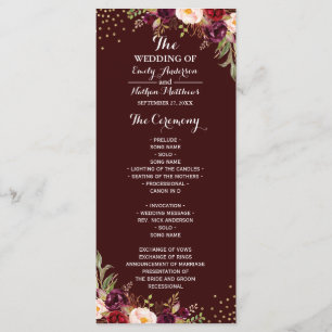 Burgundy Gold Confetti Floral Wedding Program