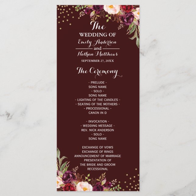 Burgundy Gold Confetti Floral Wedding Program (Front)