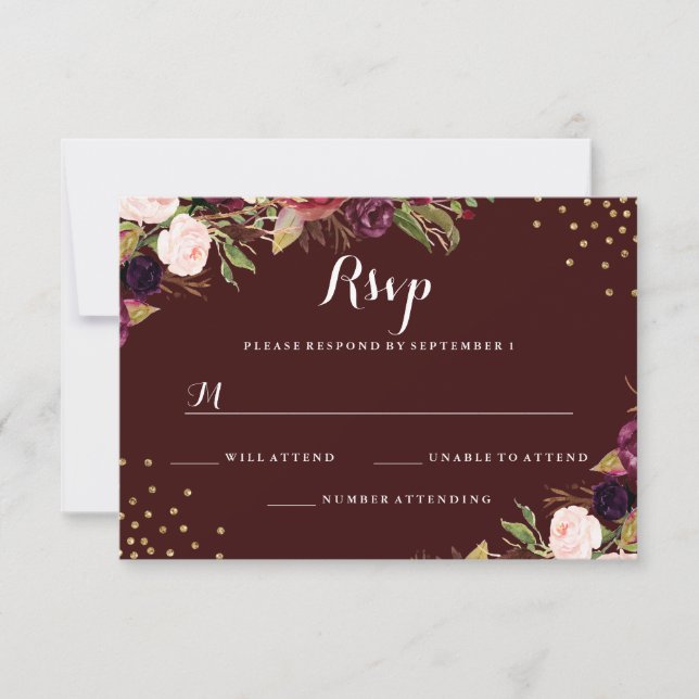 Burgundy Gold Confetti Floral Wedding RSVP Card (Front)