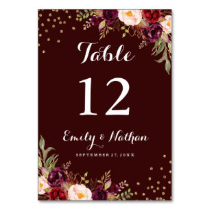 Burgundy Gold Confetti Floral Wedding Table Number