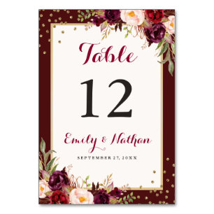 Burgundy Gold Confetti Floral Wedding Table Number