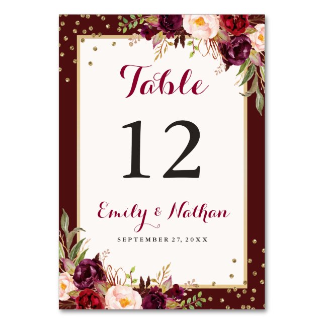 Burgundy Gold Confetti Floral Wedding Table Number (Front)