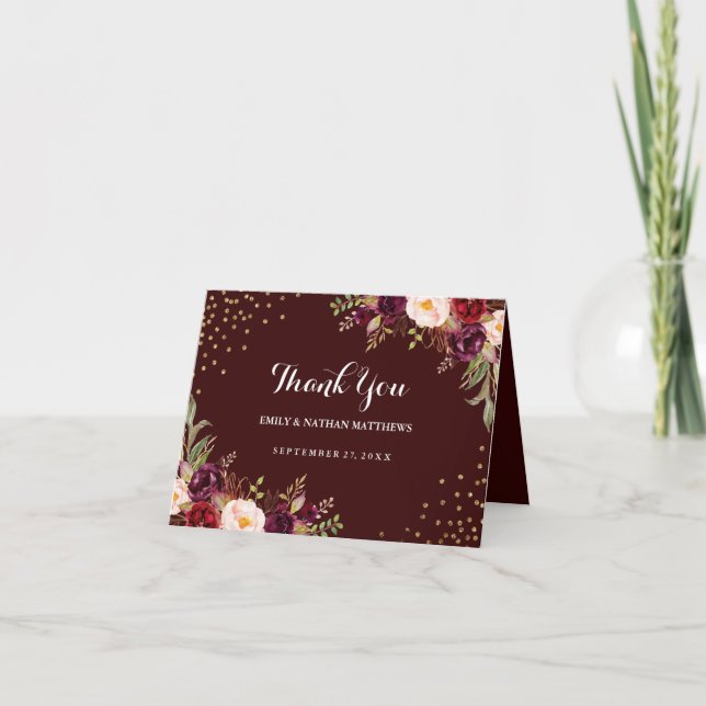 Burgundy Gold Confetti Floral Wedding Thank You (Front)